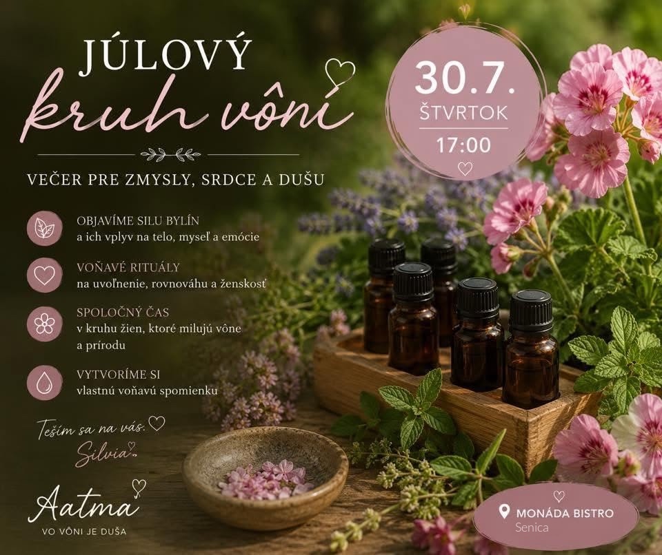 Plagát Júlový kruh vôní — štvrtok 30. 7. 2026 o 17:00, Monáda bistro Senica